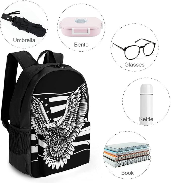 Shoulder Book Bags Anti-Theft Multipurpose Big Capacity Bookbag, Black And White American Flag Patriotic Usa Bald Eagle Pattern Travel Hiking Backpack With Smooth Zippers