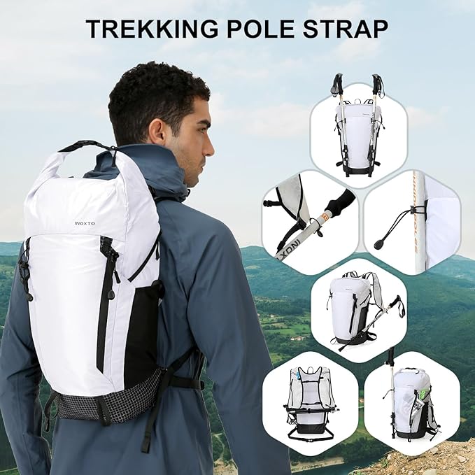 IX INOXTO Hiking Backpack 15L/22L Ultra Lightweight Packable Travel Backpack Small Waterproof Foldable Outdoor Day Pack with Two 500ML soft flasks for Men Women (White)