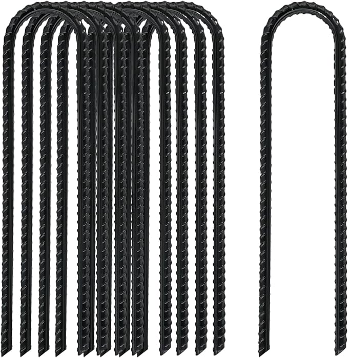12 Inch Rebar Stakes Heavy Duty, 10 Pack Garden Stake U-Hook, Electrostatic Rust Proof Metal Stakes for Tent, Landscape,Outdoor Decorations, Fabric Ground Cover, Tube Fixing (Black, U-12in-10pc)