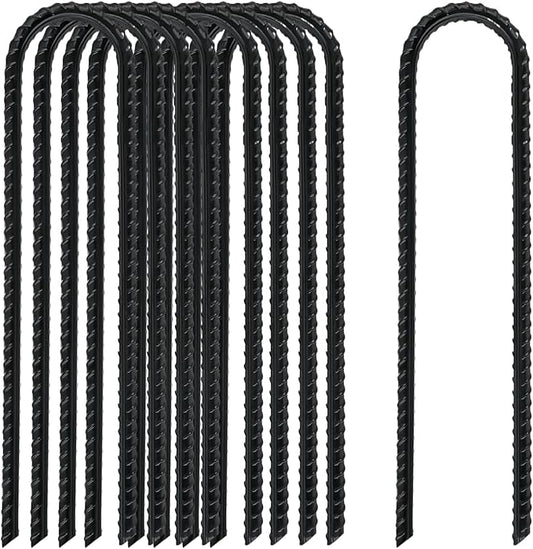 12 Inch Rebar Stakes Heavy Duty, 10 Pack Garden Stake U-Hook, Electrostatic Rust Proof Metal Stakes for Tent, Landscape,Outdoor Decorations, Fabric Ground Cover, Tube Fixing (Black, U-12in-10pc)