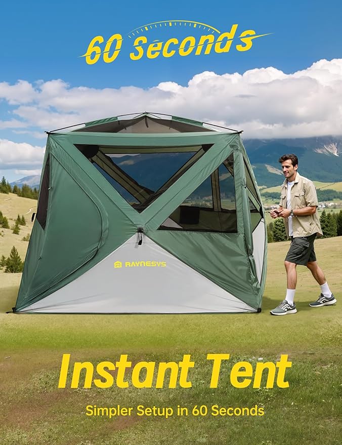 Camping Tent, 4 Person Tent for Camping, Setup in 60 Seconds, 4 Person Pop up Tents, Hub Tents, Water-Resistant, Windproof, Instant Cabin Tents with Rainfly & Carry Bag for Outdoor Camping