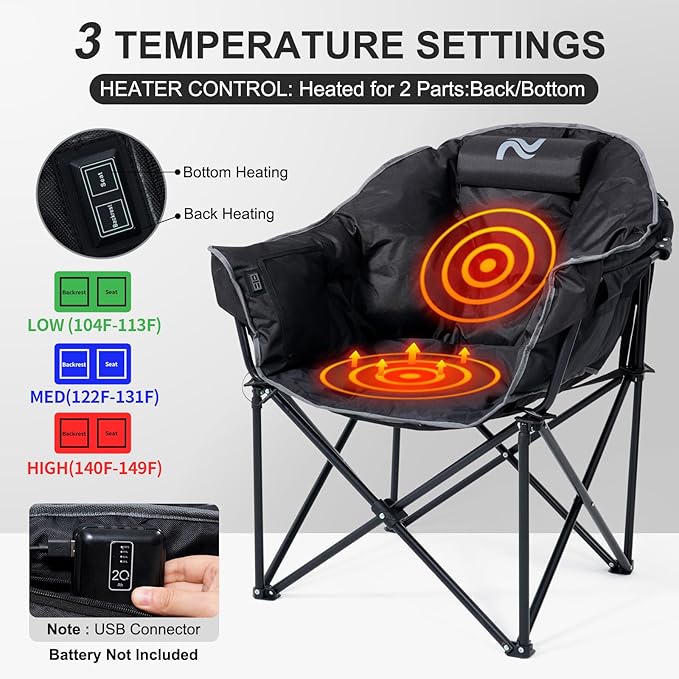 ABORON Oversized Heated Camping Chair, Padded Outdoor Folding Heated Chair with Side Pocket, Heavy Duty Seat for Winter Sports, Patio, Tailgating