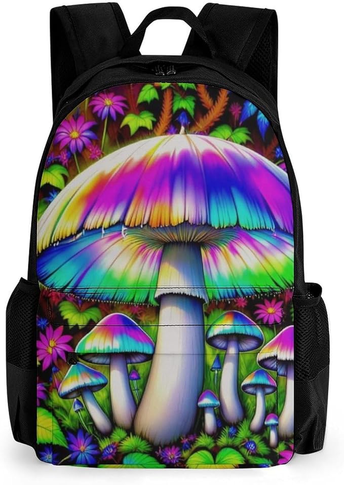 Women Men Polyester Risks Of Magic Mushrooms Casual Daypack Large Capacity Bookbag With Side Pockets for Sports Picnic Walking Cycling