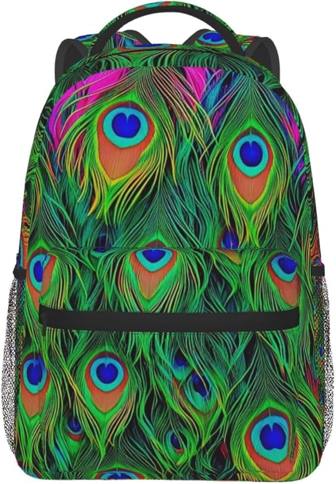 Shoulder Book Bags Anti-Theft Multipurpose Big Capacity Bookbag, Colorful Peacock Feather Art Travel Hiking Backpack With Smooth Zippers