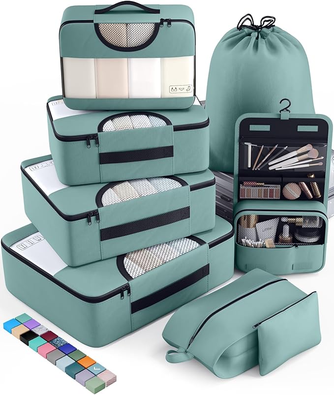 Veken 8 Set Packing Cubes for Travel Essentials, Suitcase Organizer Bags in 4 Sizes, Carry-On Luggage Accessories with Large Laundry & Hanging Toiletry Bag, Must-Have for Airplane, Road Trip & Camping