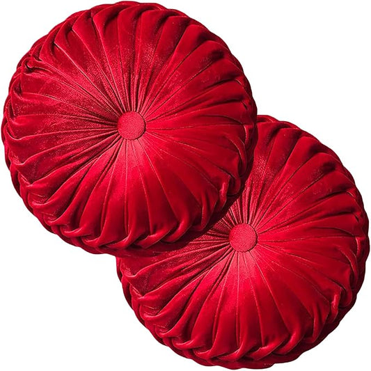 2 Pcs Round Throw Pillows Decorative Pumpkin Velvet Boho Pleated Bed Pillows Back Support for Couch Chair Dorm Car 14.96'' (Red)