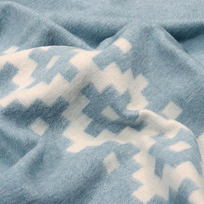 Thick Alpaca Wool Blanket Heavyweight Camping Outdoors Indoors Soft Peru Queen Size Stripes Design (Soft Blue - Ivory, Queen Size)