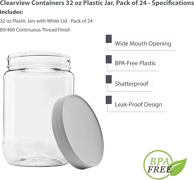 24 Pack of 32 Ounce Plastic Quart Jars with 89RM Leak Proof Seal Lid - Food Grade and BPA Free (32oz, 24pk)