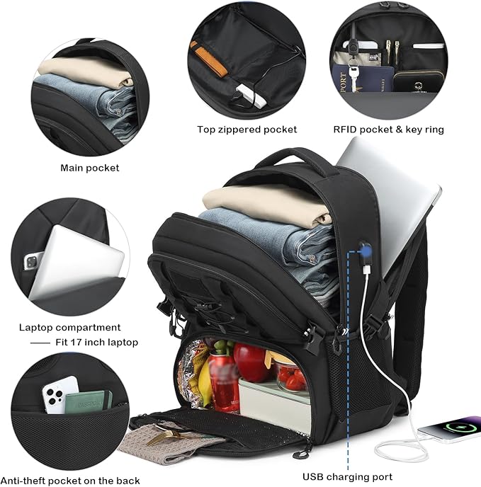 Laptop Lunch Backpack for Men - 50L Large Capacity Insulated Cooler Backpack with Lunch Compartment and USB Post, RFID Work Backpack for Work, Travel, Picnic, Black