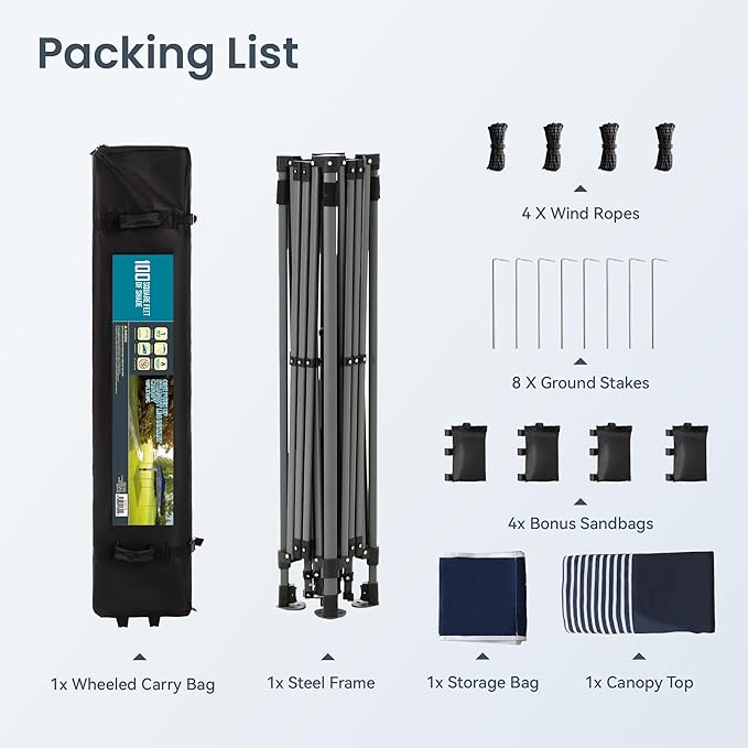 PHI VILLA 10’x10’ Pop Up Canopy Tent - One Push Setup, Instant Shade Tent with Vented Roof for Beach & Events - Includes Storage Bag, Sandbags, Stakes & Ropes (Navy Stripe)