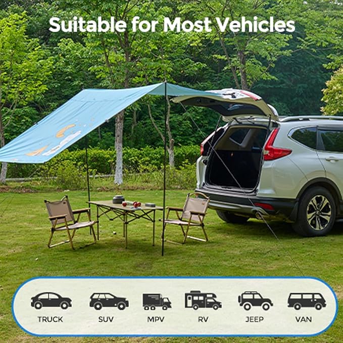 Blueshyhall Waterproof Camper Trailer Tent Roof Top Car Shelter, Awning Anti-Sun and Rainproof for Outdoor Camping Travel Picnic Fishing Beach, Cute White Bear Patten