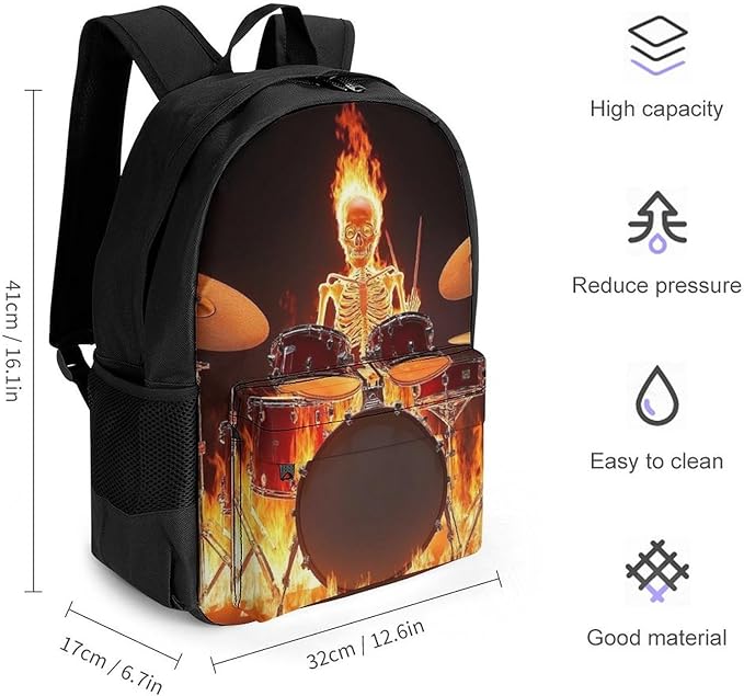 Polyester Daypack for Hiking Work Running, Big Capacity Anti-Theft Multipurpose Shoulder Bag, Rock Drum Fire Flame Skull Skeleton Travel and Sport Backpack Rucksack