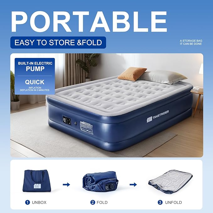 Air Mattress Full with Built in Pump,18'' Raised Inflatable Blow Up Air Bed, 3 Mins Quick Self-Inflation/Deflation Inflatable Bed for Guests & Home, Outdoor Camping and Travel（Dark Blue）