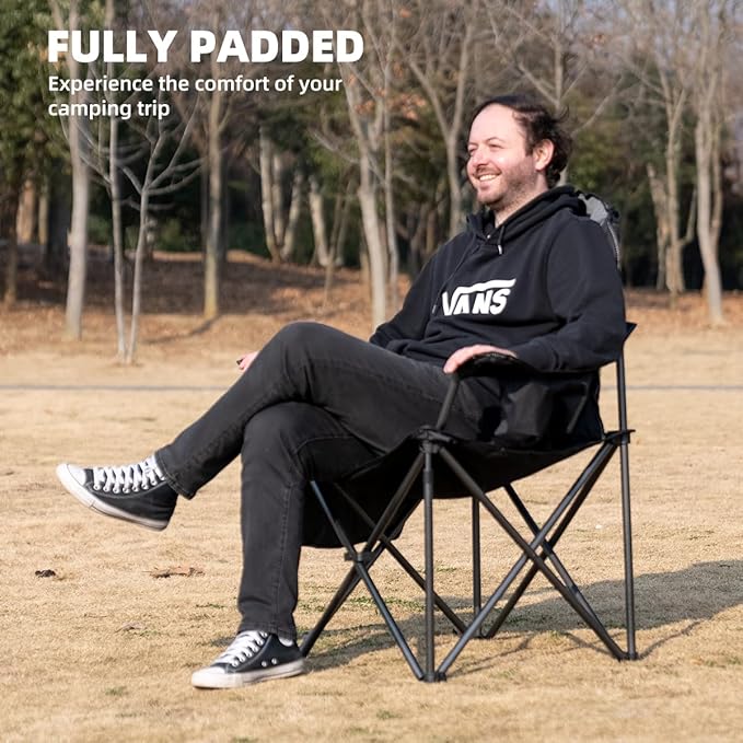 Oversized Camping Chair Heavy Duty 500LBS - 2 PCS Folding Outdoor Chair with Cooler Bag, Storage Pockets, Portable Collapsible Lawn Chairs for Adults (Black & Gray)