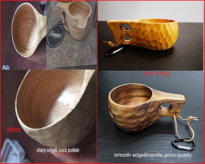 Sanrich Wooden Mug Kuksa Handcrafted Wood Camp Mug Survival Wood Cup Camping Cups & Mugs with Carabiner Leather Lanyard For Drinking Tea Coffee (6 ounces-smooth-two handle hole)