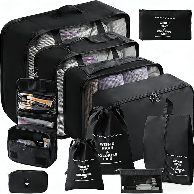 11 Set Packing Cubes for Travel Essentials, Suitcase Organizer Bags for Airplane Road Trip Camp - Black