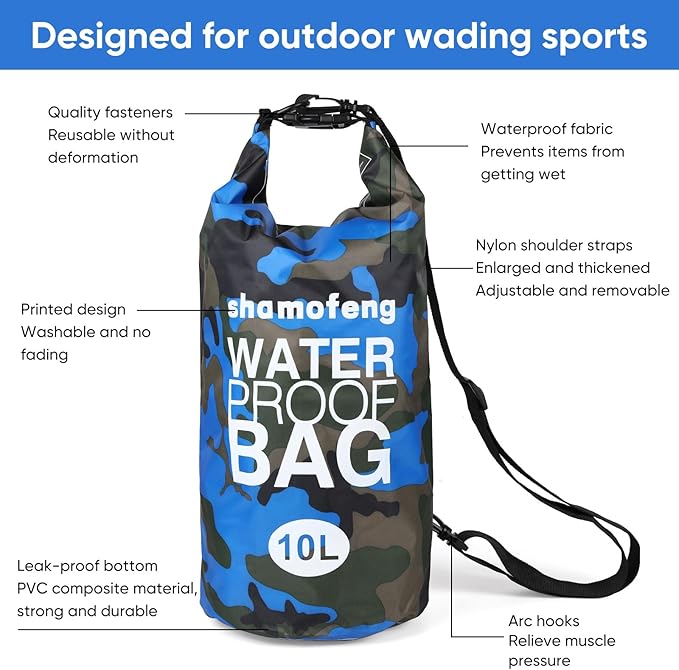 Waterproof Dry Bag 5L/10L/15L/20L/30L Roll Top Dry Storage Backpack with Phone Case, Collapsible Water Bottle, Sunglasses, Ear Band for Kayaking Boating Swimming Fishing Camping, Blue 5L