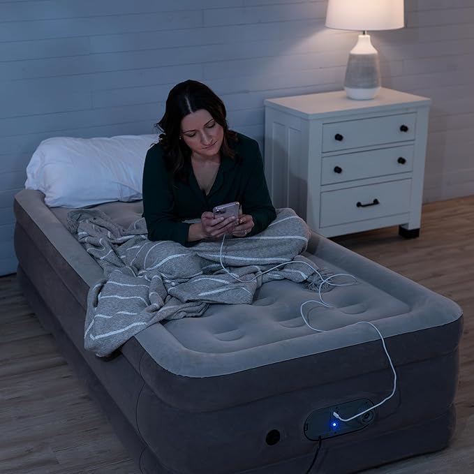 SLEEPLUX Dream Luxury Twin Air Mattress, Built-in Dual Pump, Stays Inflated All Night, 18” Double-High Blow-Up Airbed with Coil Beams, for Guests, RV Camping & Home, 1-Year Warranty