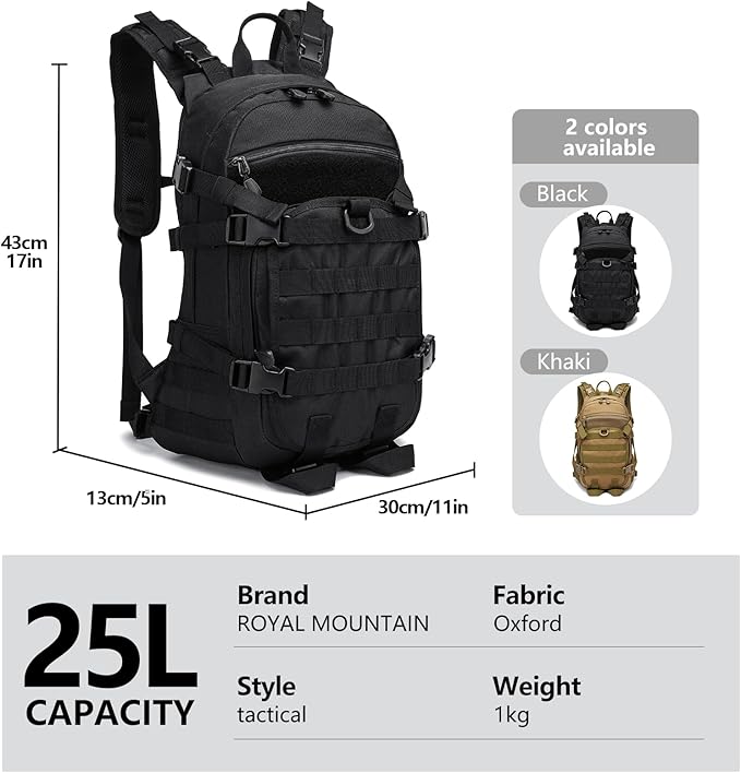 25L Small Tactical Backpack For Men, Military Waterproof Backpack With Multiple Pockets, 3-Day Bug Out Bag Molle Backpacks For Camping Hiking Military Traveling (Black)