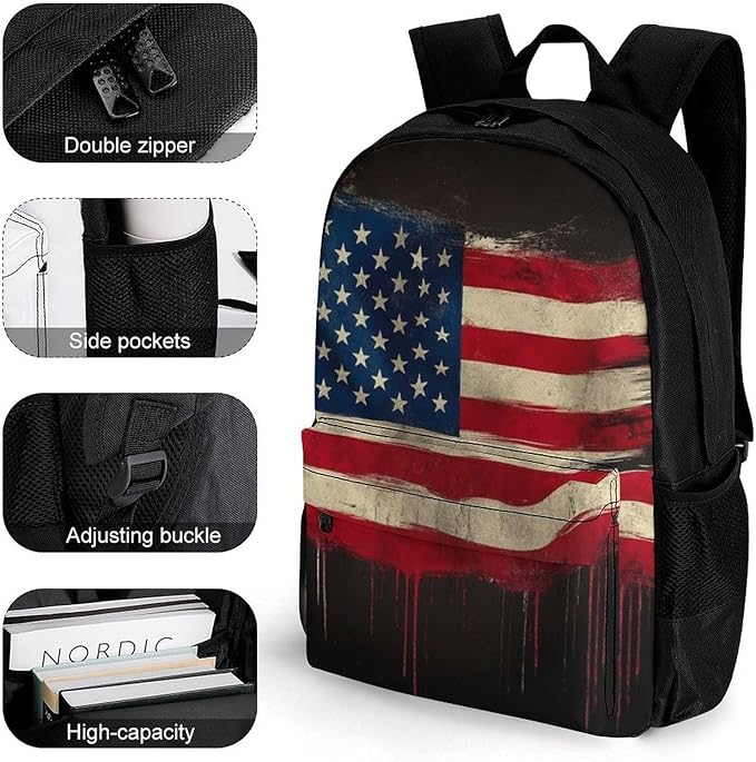 Rucksack Polyester Anti-Theft Multipurpose American Flag Art Carry On Bag Large Capacity Travel and Sport Backpack Rucksack With Smooth Zippers