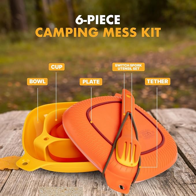 UCO 6-Piece Camping Mess Kit with Bowl, Plate, Camp Cup, and Switch Spork Utensil Set