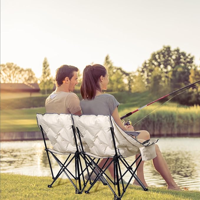 CDEN Camping Chair, Thick Padded Lawn Chair, Oversized Camping Chair, Deluxe, with Cup Holder, Side Pocket, Cooler Bag, for Camping, Hiking, Picnic, Travel, Festival (2 Pack)