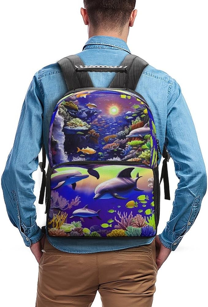 Lightweight Rucksacks for Camping Picnic Walking Cycling, Large Capacity Multipurpose Anti-Theft Carry On Bag, Magical Underwater World Of Dolphins And Fish Art Travel Hiking Camping Rucksack