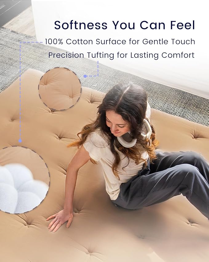 ZonLi Japanese Floor Futon Mattress Full Size 75"x 54", 100% Cotton Cover 2.5'' Thicken Tatami Mattress, Foldable Sleeping Pad, Portable Dormitory Tatami Mat(Khaki)