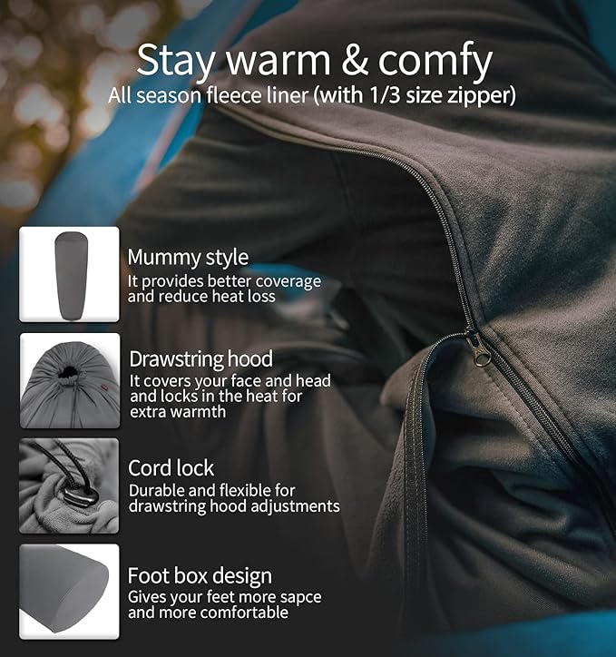 Litume All Season Fleece Sleeping Bag Liner Adds Up to 27°F/ 15°C, Lightweight Mummy Sleeping Sack for Cold Weather and Winter Backpacking, Camping, Traveling with Drawstring Hood and Stuff Sack E629