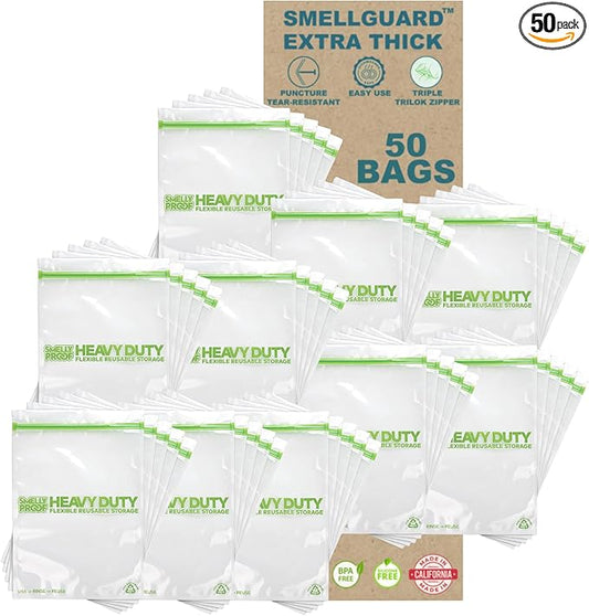 50 PACK, Heavy Duty 5mil Thick REUSABLE Food Freezer STORAGE BAGS by Smelly Proof, Extra X-Large, US-Made, Non-Silicon, No PEVA, BPA FREE, Dishwasher-Safe, Triple Zip, XXL 2-Gallon 12" x 16" - 50 pcs