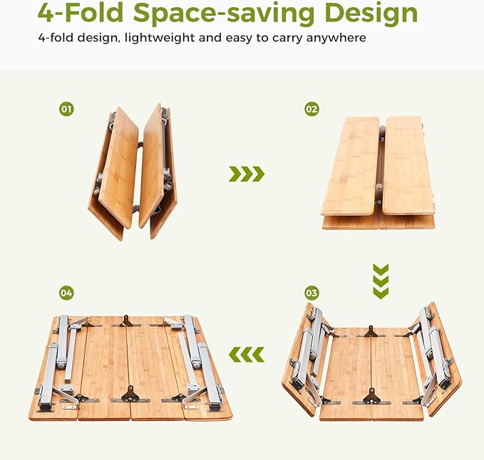 ATEPA Bamboo Folding Table, 32 * 24'' Adjustable Height Folding Camping Table, Eco Friendly l Wooden Folding Table with Aluminum Legs, Carry Bag for Picnic Beach Fishing Outdoor Indoor, 2-4 Person