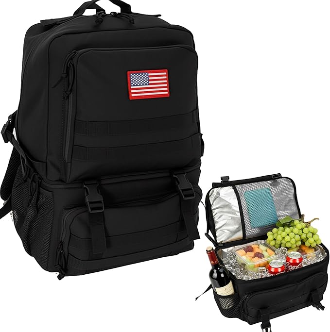 Tactical Cooler Backpack for Men, 41L Insulated Leakproof Lunch Backpack with 16” Laptop Compartment, Heavy Duty Double Deck Soft Cooler Bag for Work, Fishing, Camping, Hiking – Black