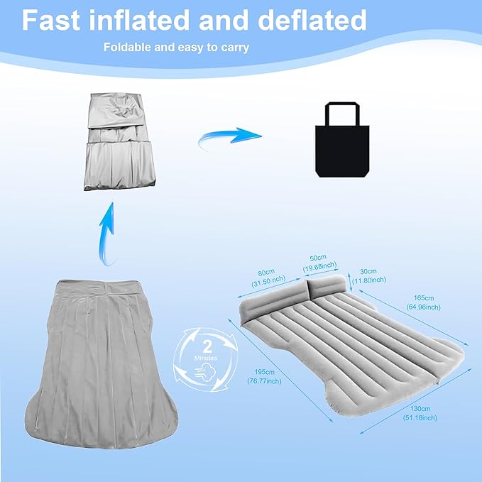 Car Air Mattress Camping Bed, Inflatable Bed Car Mattress for Model Y SUV Truck Backseat Trunk, Portable Foldable AirBed Sleeping Mat Tent Pad SUV Mattress for Car Travel Home (Grey)