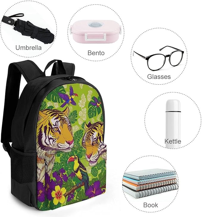 Supdreamc Daypack Backpack Polyester Anti-Theft Multipurpose Tropical Floral Wild Animals Tigers Parrot Green Bookbag Big Capacity Travel Hiking Camping Rucksack With Smooth Zippers