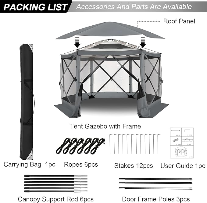 COBIZI 12x12 FT Pop Up Canopy Stargazing Tent, Gazebos On Clearance with Removable Roof,Instant Screened in Gazebo, Screen Tents Portable carpas para Patio for Outdoor Camping,Backyard, Garden,Gray
