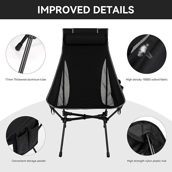 Portable High Back Camping Chair, Support Heavy Duty 440 lbs, Compact Folding Backpacking Chair with Detachable Pillow for Camp, Hiking, Backpacking(Black)