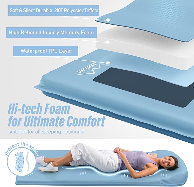 M KARMATER Self Inflatable Sleeping Pad, 3.1" Ultra-Thick Memory Foam Camping Pad，Fast Inflate & Deflate with Air Pump，Insulated Camping Mattress Pad for Car Travel Tent, Camping, All Season Use