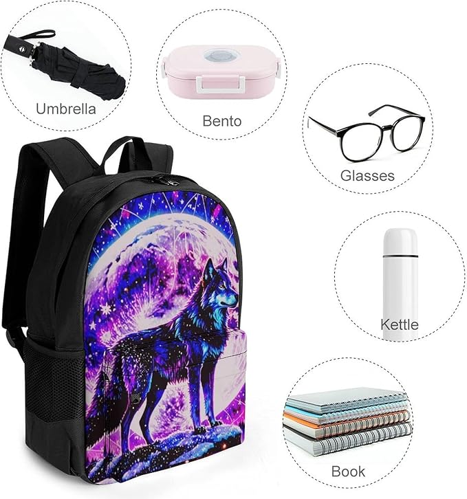 Supdreamc Polyester Daypack for Camping Travel Walking Cycling, Big Capacity Anti-Theft Multipurpose Bookbag, Neon Sky Moon Wolf Camping Outdoor Backpack