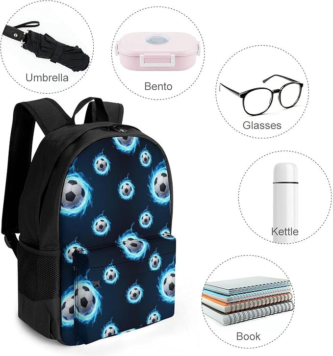 Stylish Outdoor Backpack Gym Bag with Large Capacity for College, Blue Fire Flame Soccer Football College Bookbag