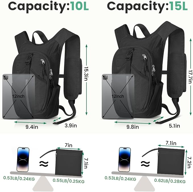 Small Hiking Backpack 10L-Lightweight Packable Foldable Backpack for Travel Camping Outdoor Commute,Compact Rucksack for Women Men(Black)