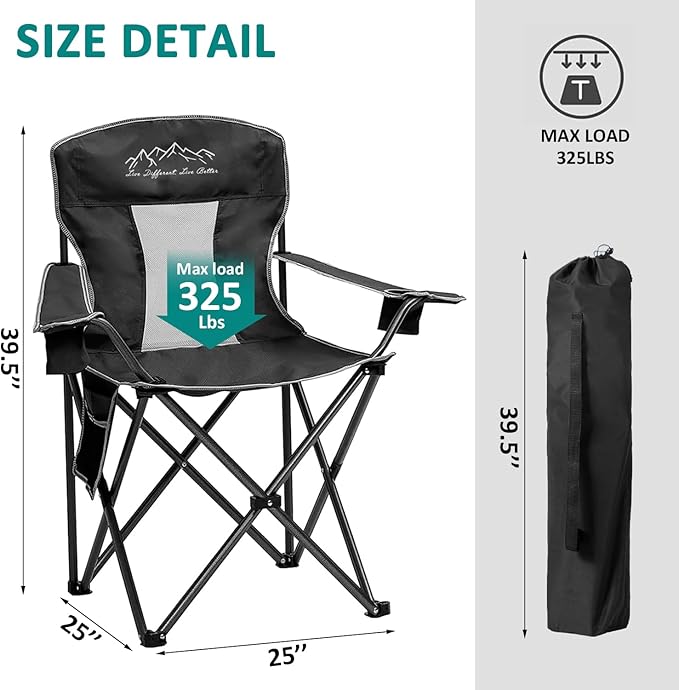 Outdoor Folding Camping Chair with Cup Holder, Storage Bag, Large Anti-Sink Feet, 325lbs Capacity, Breathable Mesh Portable Chair for Camping, Beach, Fishing, Sports, Black 2Pack