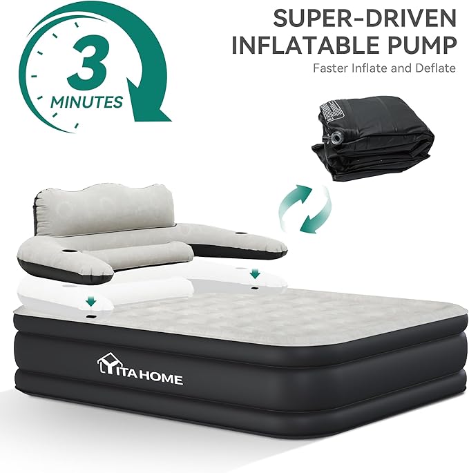 YITAHOME Queen Size Air Mattress with Headboard and Built-in Pump, 18in Blow Up Mattress with Carry Bag, Repair Kit, and Nozzles for Home, Camping, and Travel