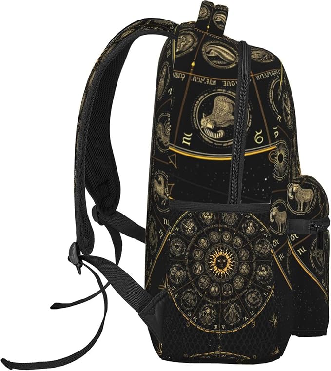 Women Men Polyester Zodiac Symbol Art Casual Daypack Large Capacity Bookbag With Side Pockets for Sports Picnic Walking Cycling