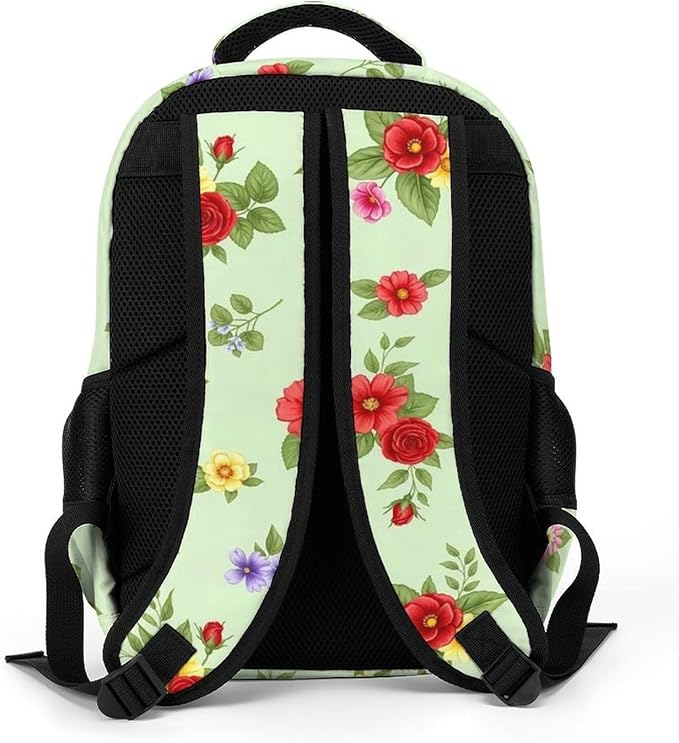 Nurse Teacher Laptop Backpack Shabby Chic Flowers Roses Pedals Dots Leaves Buds Spring Season Theme, Cute Travel Backpack Purse with Tumbler Holder for Women College Work Commute