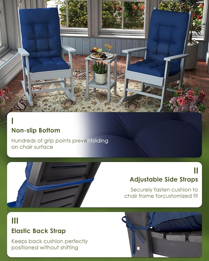 GREENVINES Rocking Chair Cushion | Polyester | Waterproof | Outdoor High Back Rocker Chairs Cushions | Seat with Ties | Non-Slip | Thickened Pad for Patio | 46.5" x 18.5" x 4.3" | Blue