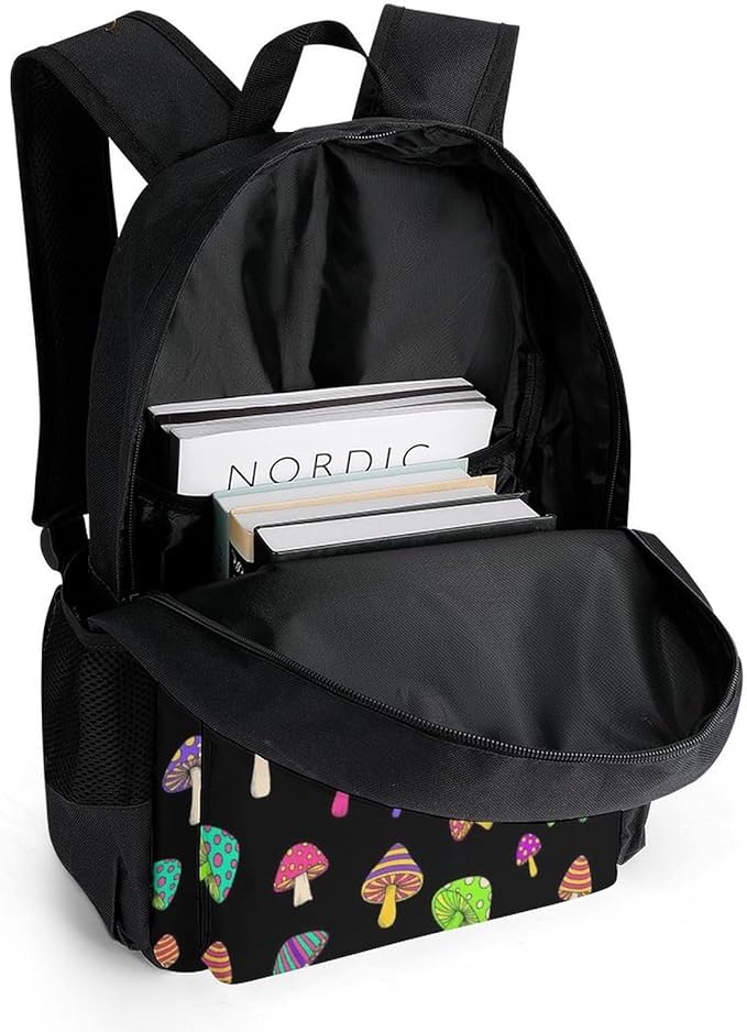 Men Women Polyester Trippy Mushrooms Art Daypack Bookbag Big Capacity Shoulder Bag With Padded Straps for Climbing Travel Walking Cycling