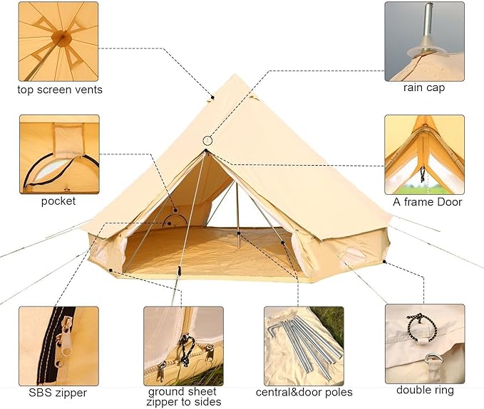 UNISTRENGH 4-Season Luxury 2 Doors Family Cotton Waterproof Bell Tents for Glamping Parties (13.1ft 16.4ft 19.7ft Dia. Size Options)