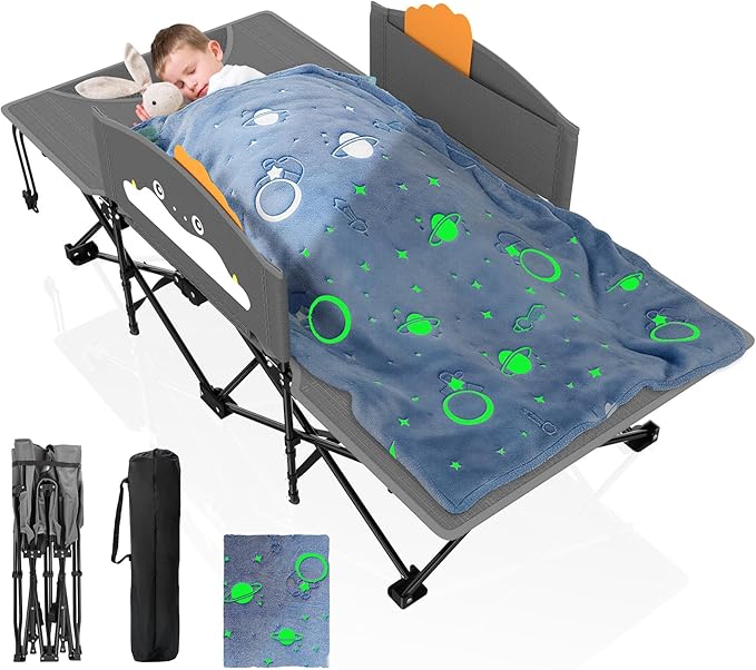 Suteck Kids Camping Cot, Comfortable Toddler Cot Bed Easy to Store and Use, Portable Sleeping Cot with Guardrail, Lightweight Bed for Outdoor Indoor Home