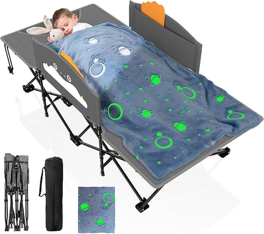 Suteck Kids Camping Cot, Comfortable Toddler Cot Bed Easy to Store and Use, Portable Sleeping Cot with Guardrail, Lightweight Bed for Outdoor Indoor Home