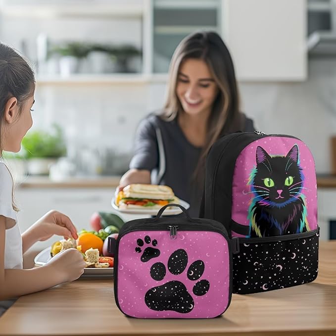HUGS IDEA Neon Cat School Backpack for Kids 17 Inch Bookbag and Lunchbox for Kids Large School Bags for Girls Lightweight Book Bag for Students Travel Casual Daypack for Camping